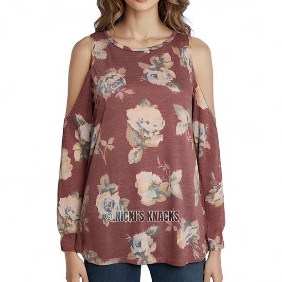 Peach Love Floral Cold Shoulder Top Dusty Rose Boho Romantic Knit Shirt Size S - Picture 2 of 8